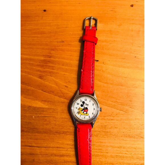 Vintage 90s Disney Mickey Mouse Quartz Watch Red Leather Band - Read Description main image 6